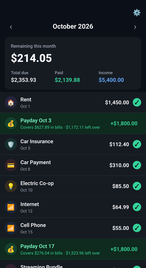 Budget Planner home screen showing monthly summary with total due, paid, and income, plus a list of bills marked as paid